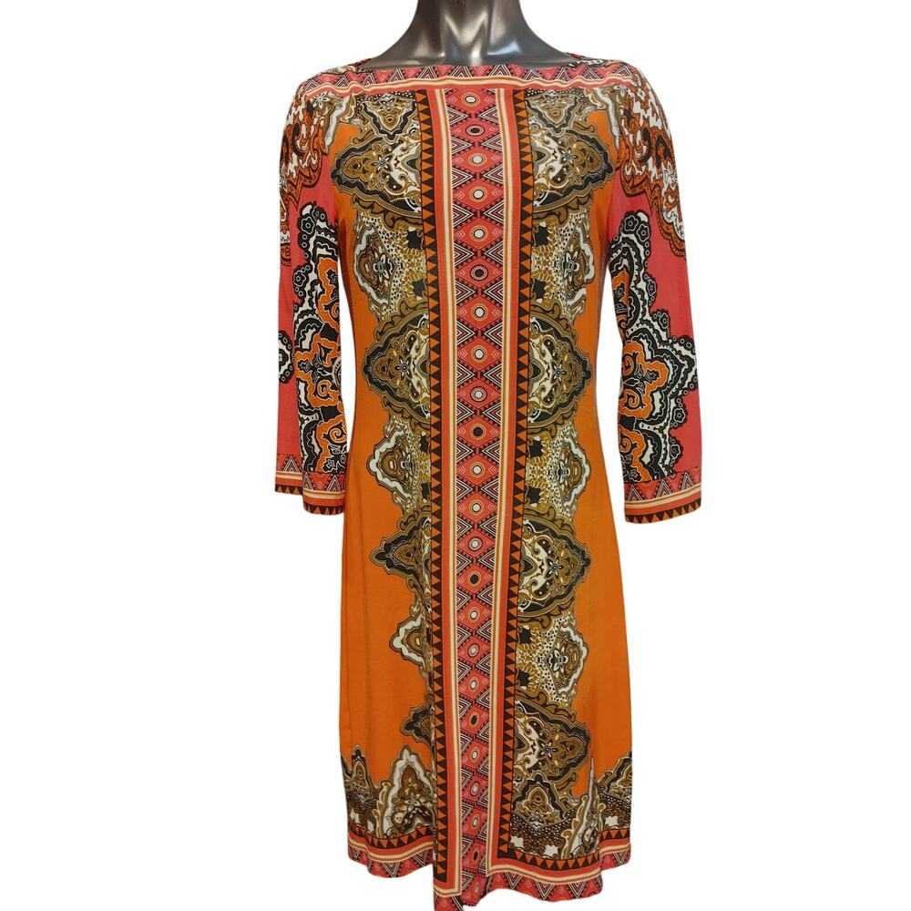 Beige by Eci Women's 8 Orange/Red Boho Pattern long Sleeve Midi Dress